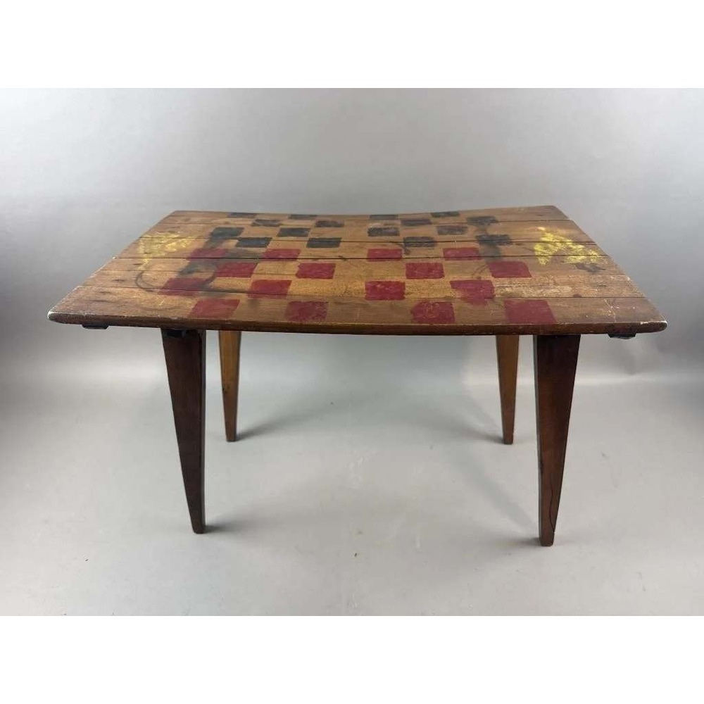Vintage Mid Century Wooden Folding Checkerboard Table Hand Painted Game Top